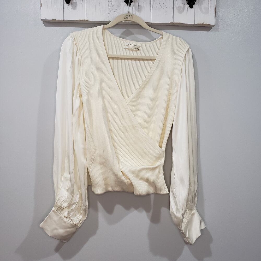 Anthropologie Ivory Ribbed Wrap Top Puff Sleeve Long Sleeve Women's L